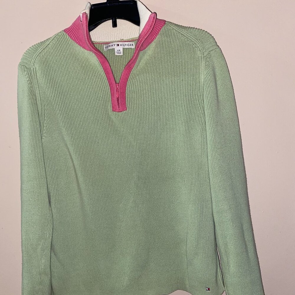 TOMMY HILFIGER MINT GREEN SWEATER WITH PINK AND WHITE ACCENTS